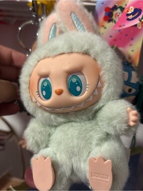 Mint Plush Bunny Costume Keychain - Cute Green Furry Figurine